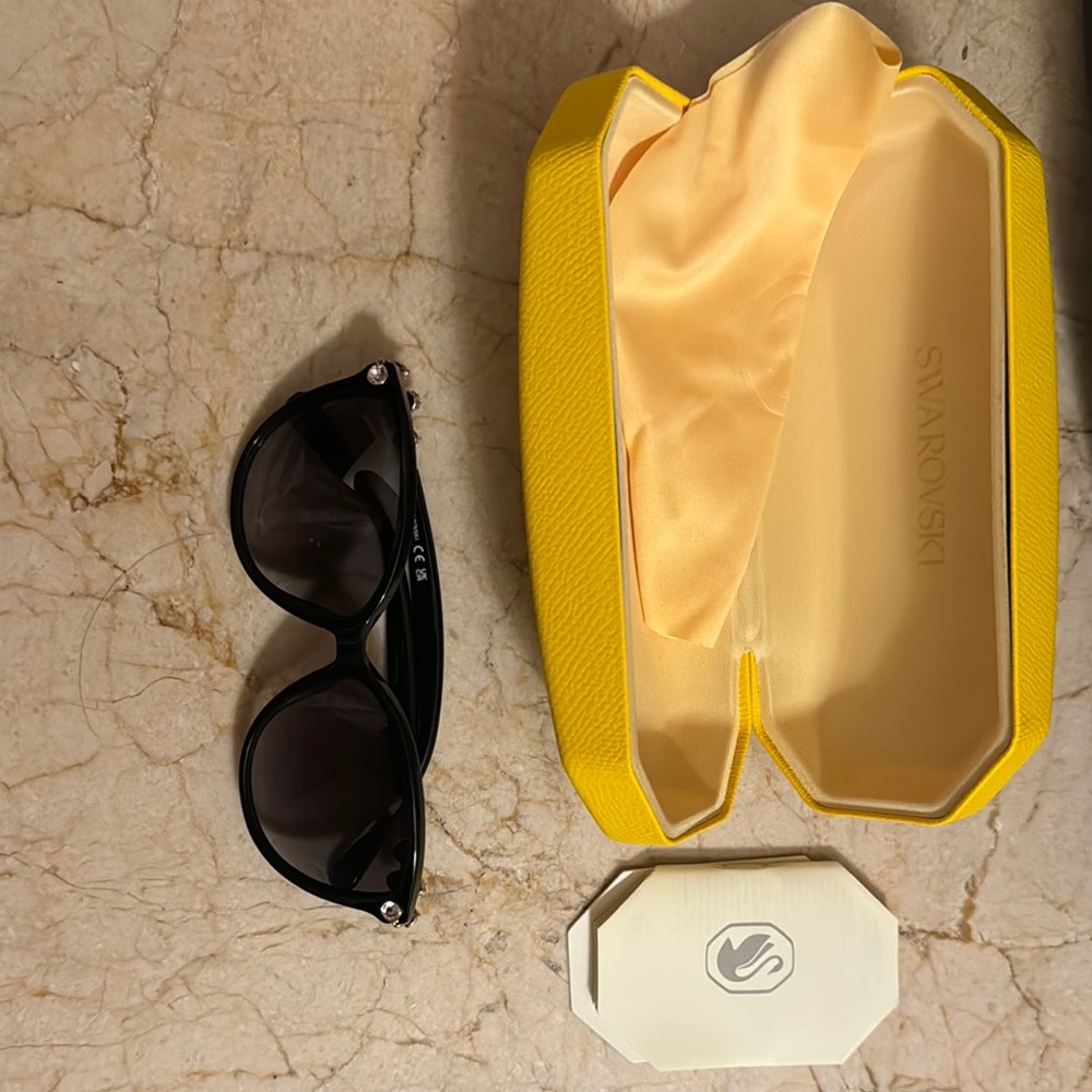 BRAND NEW Swarovski Black Sunglasses with Vibrant Yellow Case